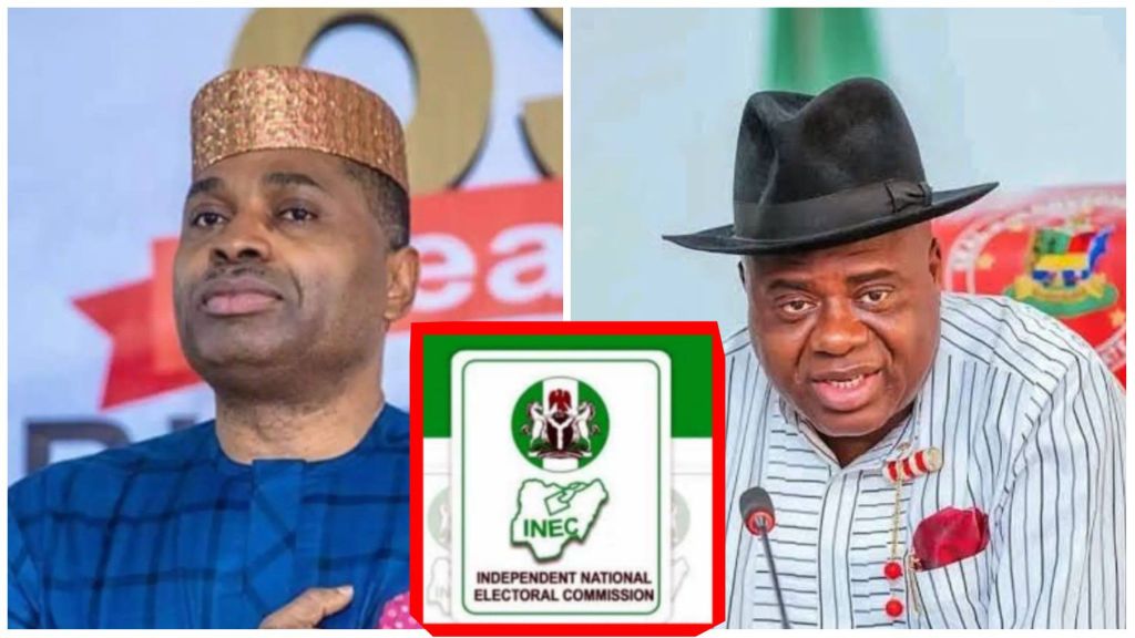 Side-by-side collage showing actor and politician Kenneth Okonkwo on the left, Bayelsa State Governor Douye Diri on the right, and Nigeria’s Independent National Electoral Commission (INEC) logo in the centre.
