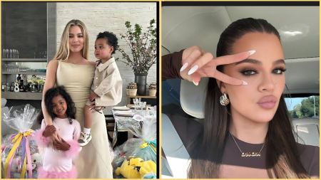 Khloé Kardashian poses indoors with her two children, daughter True and son Tatum, surrounded by decorated gift baskets in the first image, while in the second image she takes a selfie in a car, flashing a peace sign with manicured nails and wearing gold jewellery.