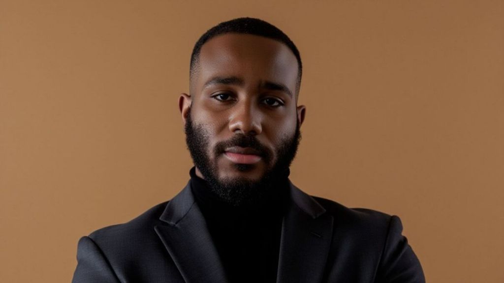 BBNaija star Kiddwaya poses in a black suit against a plain brown background.
