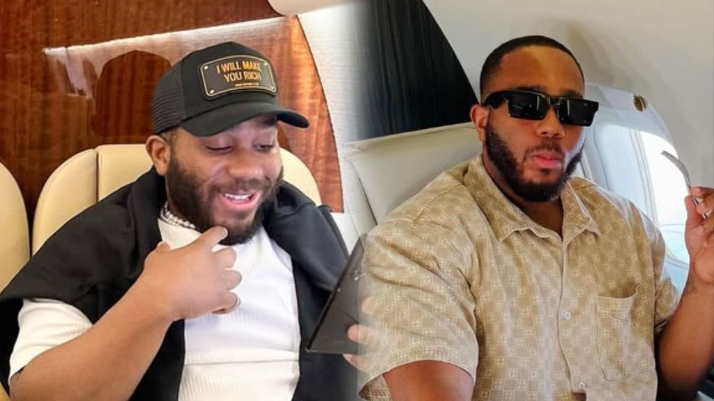BBNaija star Kiddwaya smiles in one photo and poses with sunglasses in another while sitting inside a private jet.