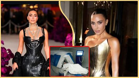 Kim Kardashian appears in two glamorous outfits on separate occasions, with an inset photo showing her lying in a hospital MRI scanner, symbolising her recent revelation about suffering a brain aneurysm linked to divorce stress.