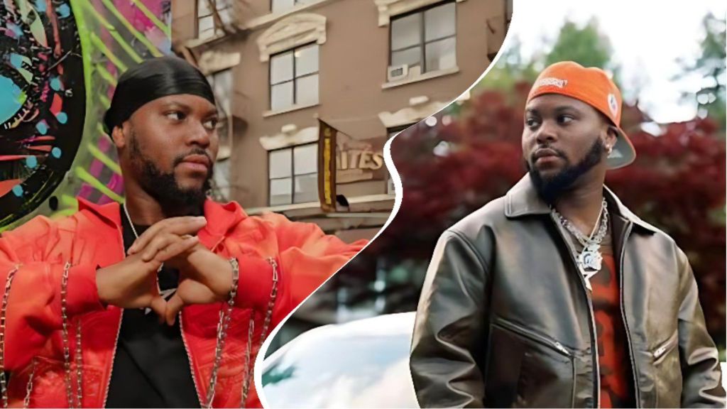 Ghanaian singer King Promise wearing stylish streetwear in split images—one side shows him in a bright orange jacket and durag with an urban art backdrop, while the other side captures him in a brown leather jacket and orange cap outdoors.