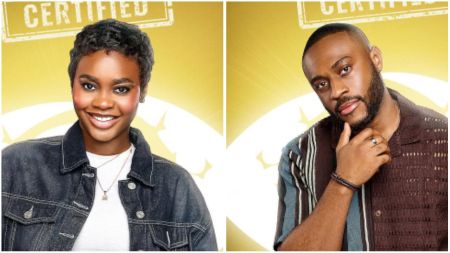 Side-by-side portraits of BBNaija housemates Dede and Kola against the official golden certified background. Dede smiles in a denim jacket over a white top, while Kola poses thoughtfully with his hand on his chin in a patterned shirt.