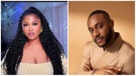 BBNaija stars Imisi and Kola appear in two separate portraits — Imisi wearing a cream off-shoulder outfit with long curly hair, and Kola dressed in a beige suit against a warm-toned background.