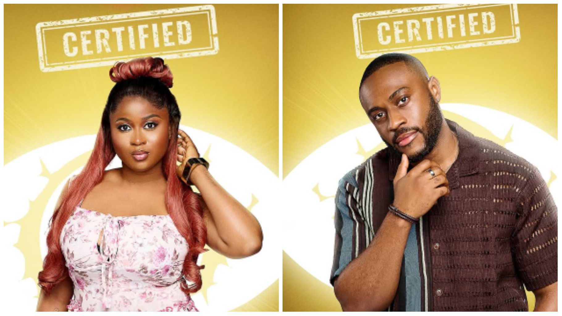 BBNaija Season 10 housemates Imisi and Kola pose in their official portraits against a gold background with the “Certified” logo above them.