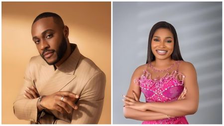 A collage showing BBNaija Season 10 housemates Kola and Thelma. On the left, Kola poses in a tan pinstripe suit with his arms folded, against a beige background. On the right, Thelma smiles brightly in a fitted pink beaded gown, also folding her arms, against a soft grey backdrop.