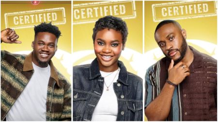 BBNaija Season 10 housemates Kola, Dede, and Jason pose confidently against a bright gold background with the “Certified” label above their heads.