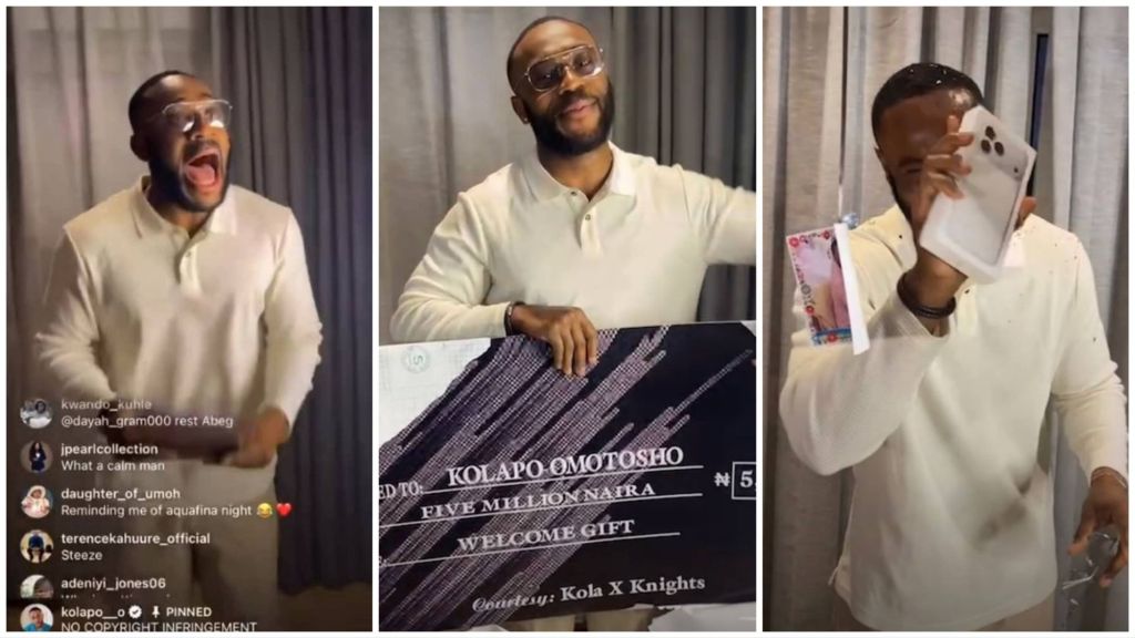 A collage showing BBNaija star Kola reacting with excitement as fans surprise him with luxury gifts — he holds a large mock cheque of ₦5 million, an iPhone 17 Pro Max box, and cash while smiling in a cream long-sleeve shirt during his welcome celebration.