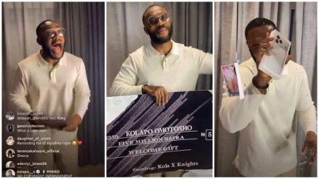 A collage showing BBNaija star Kola reacting with excitement as fans surprise him with luxury gifts — he holds a large mock cheque of ₦5 million, an iPhone 17 Pro Max box, and cash while smiling in a cream long-sleeve shirt during his welcome celebration.