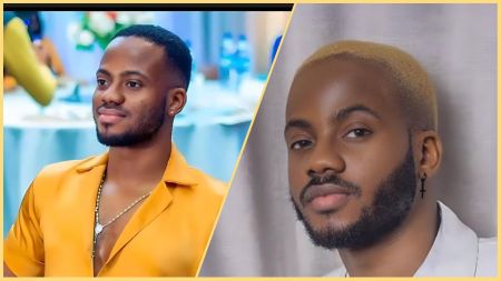 Nigerian singer Korede Bello is seen in a split photo collage wearing two different looks — on the left, he dons a mustard-yellow shirt with a light beard and short haircut; on the right, he sports a blond-dyed hairstyle, white shirt, and cross earring, posing against a neutral backdrop.