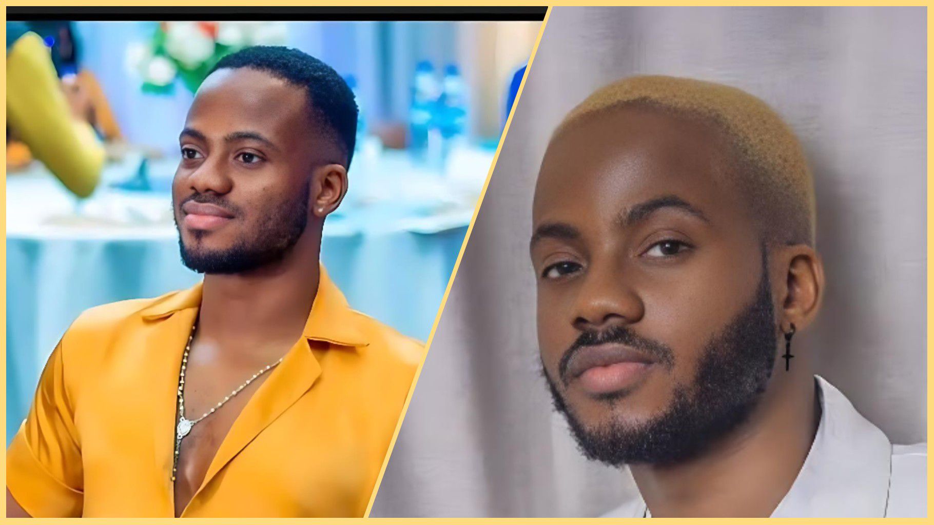 Nigerian singer Korede Bello is seen in a split photo collage wearing two different looks — on the left, he dons a mustard-yellow shirt with a light beard and short haircut; on the right, he sports a blond-dyed hairstyle, white shirt, and cross earring, posing against a neutral backdrop.