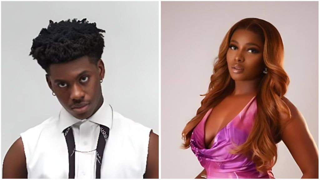 A collage showing BBNaija Season 10 housemates Koyin and Isabella. On the left, Koyin poses in a sleeveless white shirt with dark straps, giving a focused look against a plain backdrop. On the right, Isabella stuns in a pink and purple halter dress, her long wavy hair cascading over her shoulders as she faces the camera confidently.