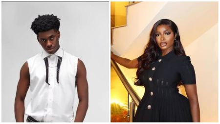 BBNaija stars Isabella and Koyin pose stylishly in separate portraits. Isabella stuns in a black short-sleeved dress with gold buttons while leaning on a staircase railing, exuding elegance. Koyin appears in a sleeveless white shirt paired with dark trousers, striking a confident pose against a plain background.