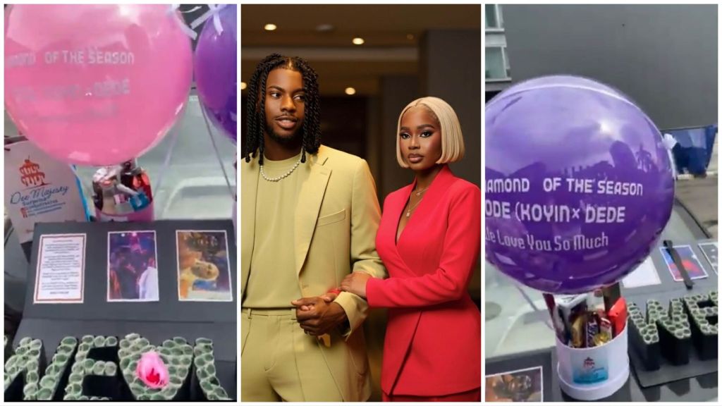 A collage showing BBNaija housemates Koyin and Dede beside two decorated gift hampers from their shippers. The gifts, placed on a car bonnet, include pink and purple balloons labelled with their names, photos of the duo, and a money-rolled “WE ❤️ U” design.