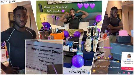 BBNaija Season 10 housemate Koyin Sanusi stands beside a stack of luxury gift boxes and a giant mock cheque worth ₦5 million, while another collage shows him smiling on a bed surrounded by shoes, perfumes, and purple-themed decorations gifted by his fan group, the Tesla Aunties.