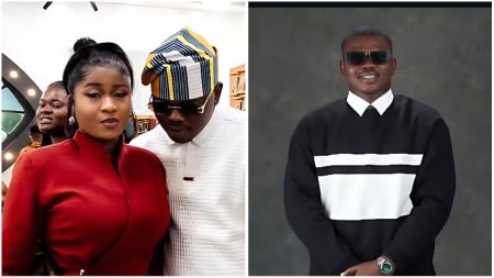 A collage featuring BBNaija’s Imisi and Kuture. On the left, Imisi stands beside Kuture at a public event, dressed in a red high-neck outfit while Kuture wears a white agbada and multicoloured cap, both posing indoors. On the right, Kuture is pictured alone wearing dark sunglasses and a black-and-white sweater against a studio backdrop.