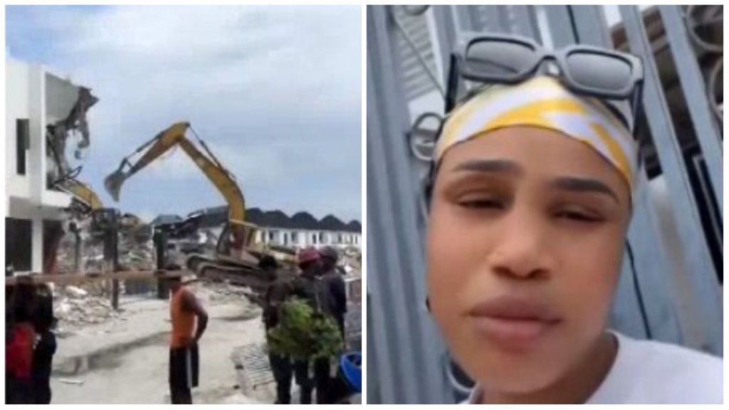 Collage showing a demolition scene on the left, with an excavator tearing down a white building as people watch, and on the right, a distressed young woman wearing a headscarf and sunglasses on her head appears in tears while recording herself.
