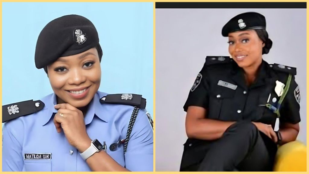 Side-by-side portraits of late Lagos DPO Matilda Ngbaronye wearing her police uniform, smiling confidently in both light-blue and black versions of the Nigerian Police attire.
