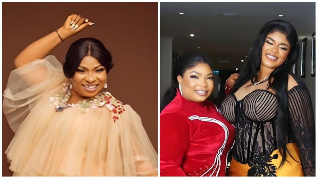 Collage showing Nollywood actress Laide Bakare smiling in a cream layered gown on the left, and another photo on the right where she poses with her daughter — Laide in a red outfit and her daughter in a black sheer top with a yellow skirt.