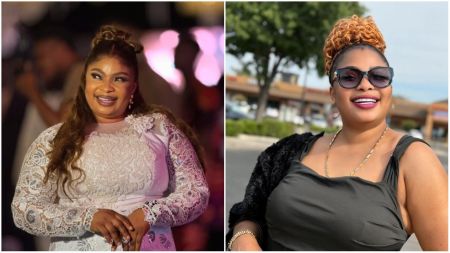 Nollywood actress Laide Bakare smiling in two photos — on the left wearing a white lace dress at an event, and on the right posing outdoors in a black outfit with sunglasses and braided updo.
