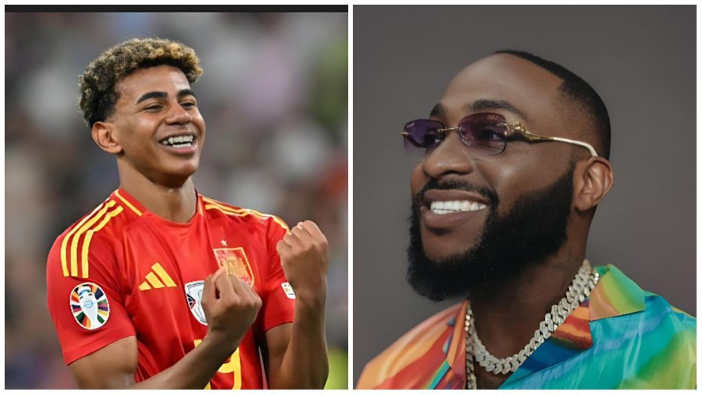 Spanish footballer Lamine Yamal celebrates on the pitch wearing Spain’s red national jersey, while Nigerian music star Davido beams in a vibrant multi-coloured outfit paired with diamond jewelry and sunglasses.