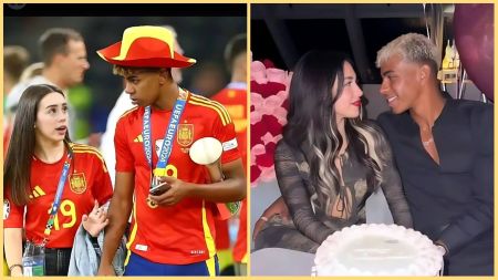 Lamine Yamal is pictured with his girlfriend in two scenes — on the left, the couple wears matching Spain jerseys after a UEFA Euro 2024 match, and on the right, they share a warm moment together at a dinner table with a cake between them.