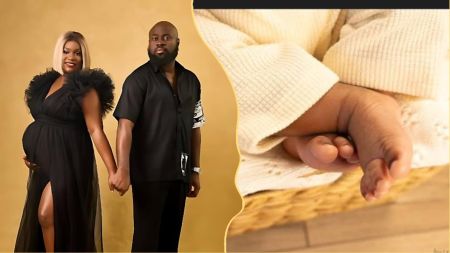 Comedian Lasisi Elenu and his wife Nonso Adika hold hands in a maternity photoshoot, both dressed in coordinated black outfits, alongside a close-up image of their newborn’s tiny feet wrapped in a cream-coloured fabric.