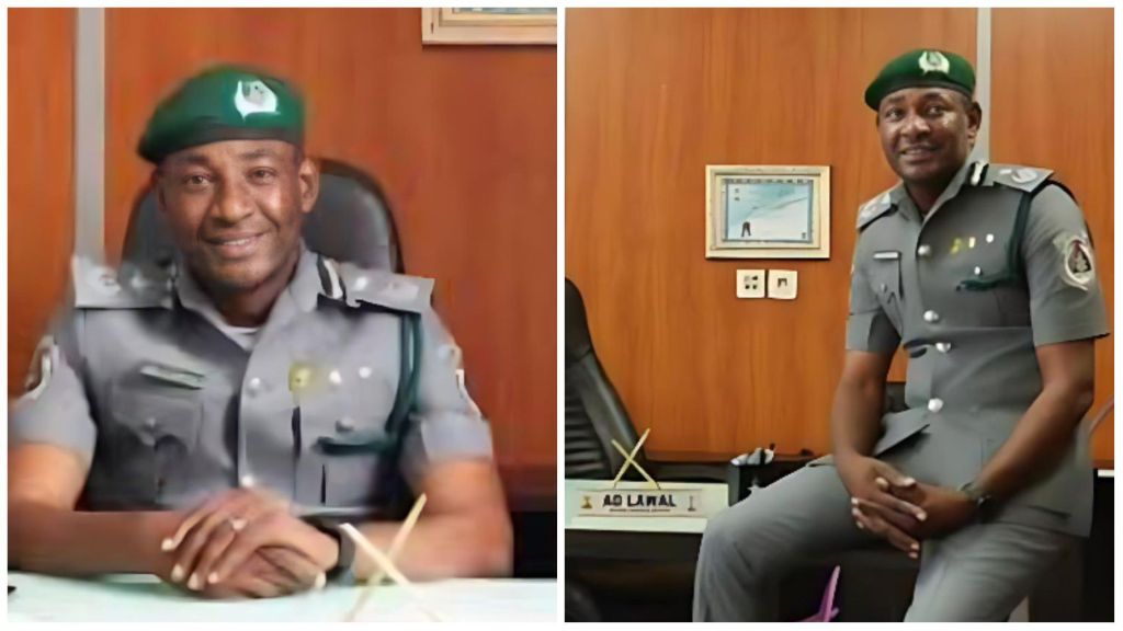 Assistant Superintendent of Customs Lawal Tukur wearing a grey Customs uniform and green beret, seated at his office desk and smiling in one image, while posing beside the same desk in another, inside a wood-panelled office.