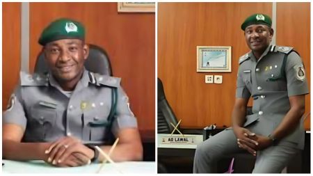 Assistant Superintendent of Customs Lawal Tukur wearing a grey Customs uniform and green beret, seated at his office desk and smiling in one image, while posing beside the same desk in another, inside a wood-panelled office.