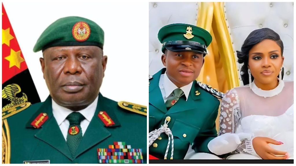 A collage showing senior Nigerian Army officers. On the left, the Commandant of the Nigerian Army School of Infantry is dressed in full military uniform, wearing a green beret and displaying medals and insignia. On the right, Lieutenant Samson Haruna is pictured in his green ceremonial military uniform beside his wife, who wears a white lace bridal gown during their wedding ceremony.