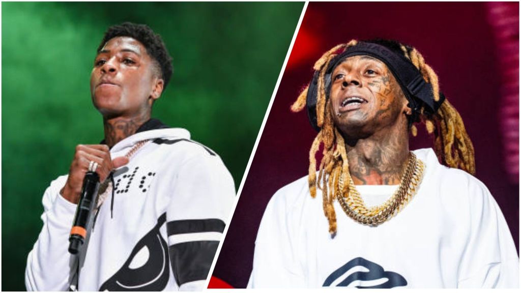 Side-by-side photo collage showing NBA YoungBoy performing in a white hoodie on a green-lit stage (left) and Lil Wayne performing in a white outfit with gold chains and blond dreads on a red-lit stage (right).