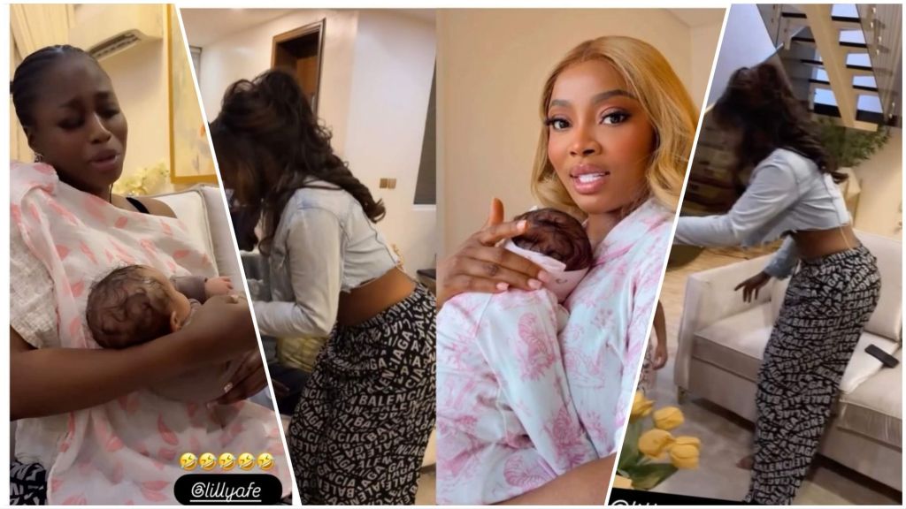 Actress Lilian Afegbai cradles Toke Makinwa’s newborn daughter during a house visit, sharing warm laughter and admiration for the baby’s beauty. The collage also shows Toke Makinwa holding her child in matching pink sleepwear inside her home.