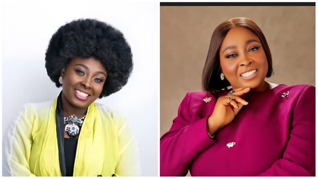Side-by-side portraits of Nigerian media personality Lolo (Omotunde Adebowale David): left image shows her smiling in a yellow jacket with a large afro; right image shows her smiling in a magenta outfit with a sleek bob, hand resting under chin.