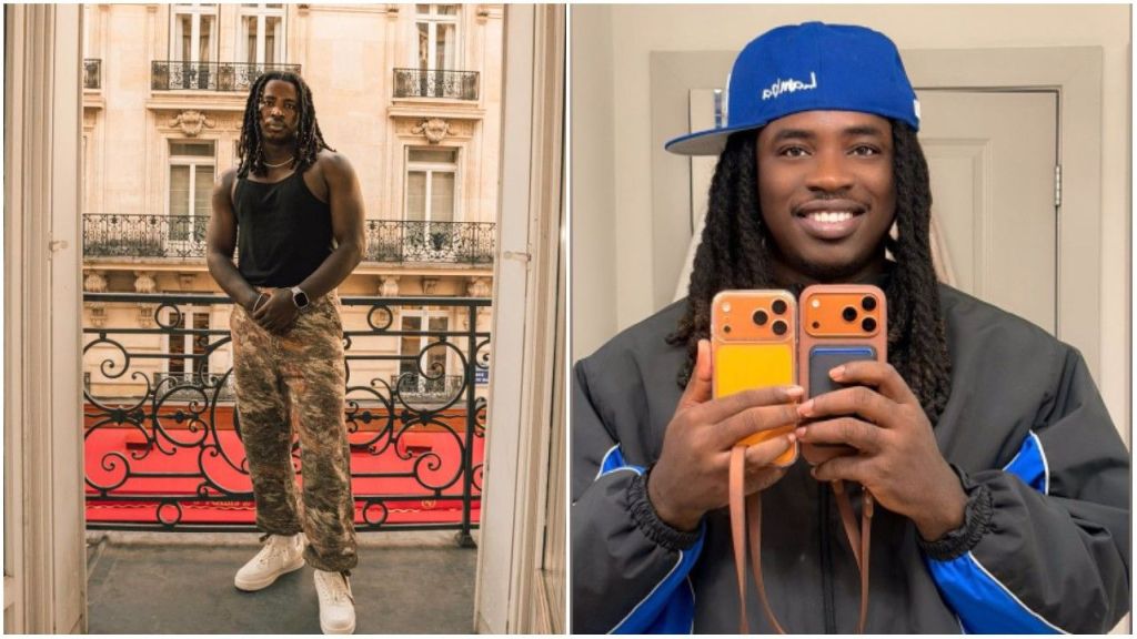 Nigerian skit maker Lord Lamba pictured in a sleeveless black top with camouflage trousers on a balcony (left), and smiling in a mirror selfie while holding two iPhones, wearing a blue cap and jacket (right).