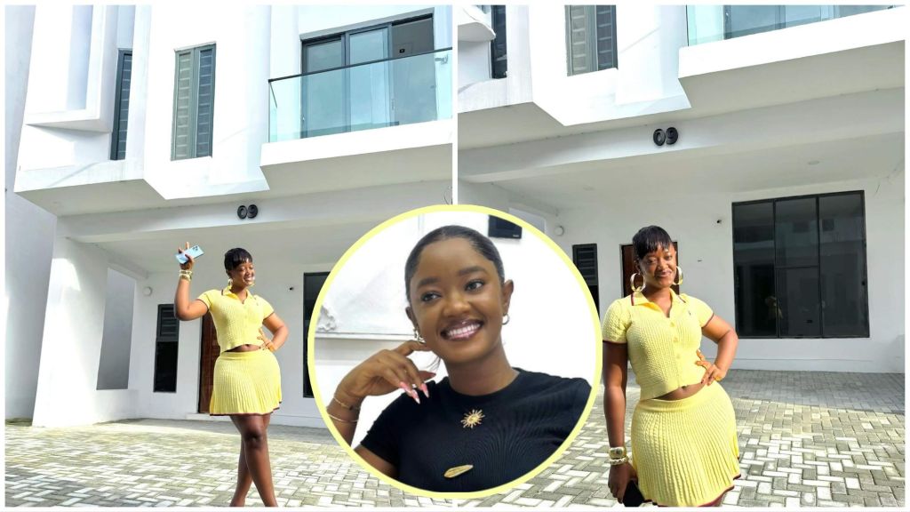 Nollywood actress Luchy Donalds poses in front of a newly acquired white duplex in Lagos. She’s seen wearing a yellow knit outfit, holding house keys and smiling proudly. The collage includes a circular inset of her smiling indoors, symbolising her achievement.