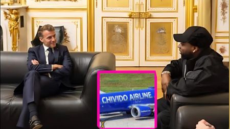 French President Emmanuel Macron sits across from Nigerian singer Davido during a meeting in a lavishly decorated Paris room, featuring gold-accented white walls and black leather sofas. An inset image in the corner shows a blue aircraft branded “CHIVIDO AIRLINE” on a runway.