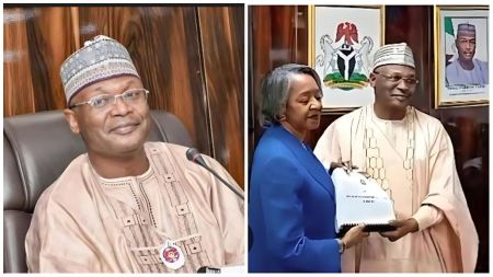 Outgoing INEC Chairman Prof. Mahmood Yakubu pictured in one frame seated during his final days in office, and in another, handing over official documents to May Agbamuche-Mbu, who assumes duty as the Acting Chairman of the Independent National Electoral Commission.