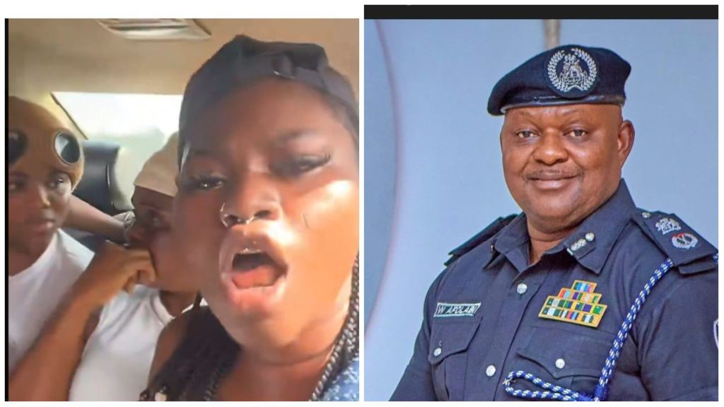 Collage showing Nigerian influencer Mandy Kiss recording a video inside a car with two women, alongside a portrait of a senior police officer in uniform representing the Ondo State Police Command.