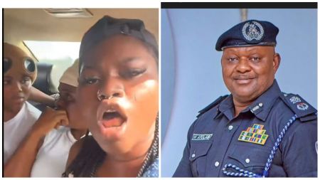 Collage showing Nigerian influencer Mandy Kiss recording a video inside a car with two women, alongside a portrait of a senior police officer in uniform representing the Ondo State Police Command.