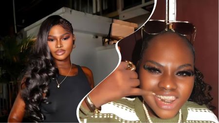 Nigerian social media influencer Mandy Kiss is seen in two different looks — in one frame, she poses outdoors in a sleeveless black top with long wavy hair and a green clutch; in the other, she wears a green-and-white patterned sweater, accessorised with layered necklaces and sunglasses.