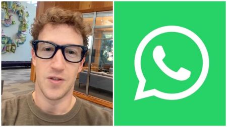 Meta CEO Mark Zuckerberg is seen speaking in a casual setting, wearing glasses and a brown shirt, beside the official green-and-white WhatsApp logo, symbolising an update or announcement related to the messaging platform.