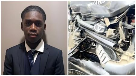Side-by-side image showing Marcus Fakala wearing a navy-blue suit and tie beside a photo of a badly damaged Toyota vehicle involved in an accident.