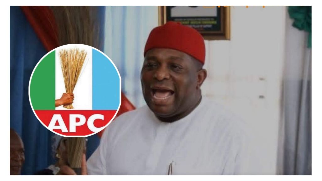 Mascot Uzor Kalu holds a broom symbolising the All Progressives Congress (APC) as he announces his 2027 Abia governorship bid in Umuahia.