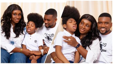 MC Mbakara and his wife, Lolo Mbakara, lovingly pose with their daughter, Eke Mama, in matching white outfits, capturing a warm family moment as they celebrate her ninth birthday and champion cerebral palsy awareness.