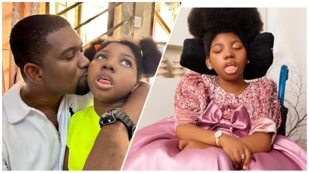 Comedian MC Mbakara lovingly kisses his daughter Eke Mama on the cheek while she sits with a calm expression; beside them, another photo shows Eke Mama in a pink sequin dress and satin bow, seated in a wheelchair with her eyes closed.