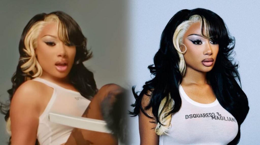 Side-by-side photo of rapper Megan Thee Stallion posing in a white Dsquared2 & Magliano tank top, featuring her signature black-and-blonde hairstyle and bold makeup look against neutral and blue-grey backdrops.