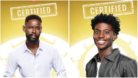 BBNaija Season 10 housemates Mensan and Koyin pose for their official portraits against a gold background with the word “Certified” displayed above them.