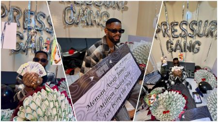 BBNaija housemate Mensan Awaji James poses with pound notes and cash bouquets in a room decorated with silver “PRESSURE GANG” balloons, showcasing a giant cheque of ₦7 million from his diaspora fanbase.
