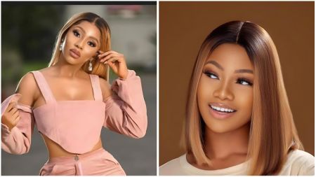 Side-by-side portraits of BBNaija stars Mercy Eke and Tacha, both wearing light-toned outfits and styled hair, posing confidently for professional photos.