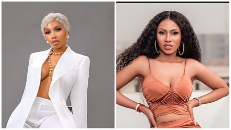 Side-by-side portraits of Mercy Eke, a Nigerian media personality and BBNaija winner, showcasing two stylish looks — one with short platinum hair in a white suit, and another with long curly hair in a brown ruched top.